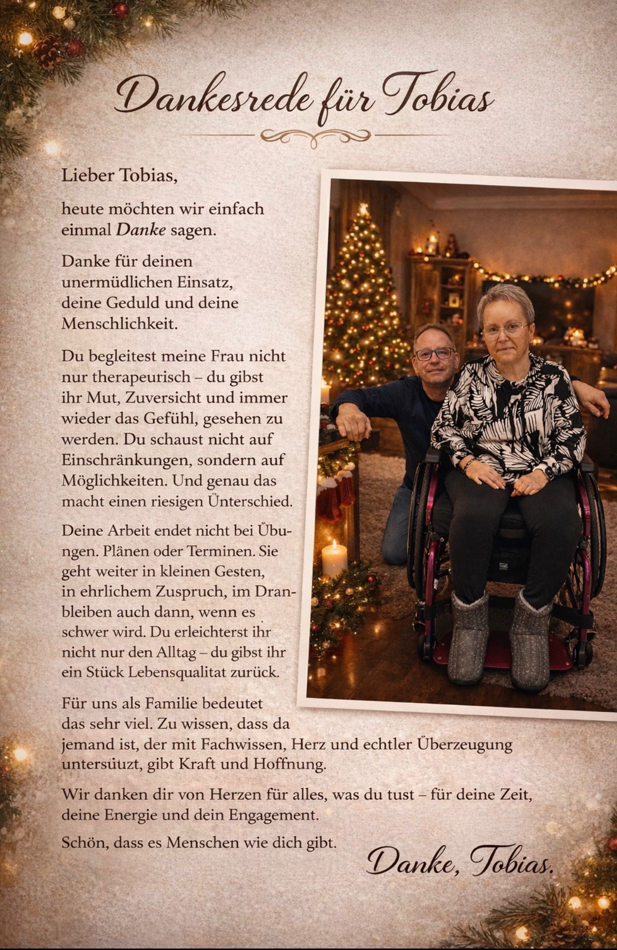 Danksagung Familie Jakubasch Ein festlicher Brief an Tobias mit Weihnachtsbaum im Hintergrund und herzlichen Worten.