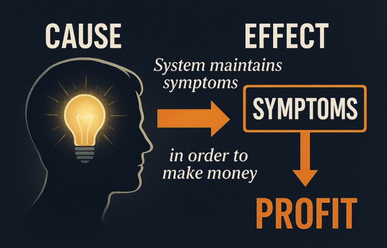 Lavida Medizentrum vs Gesundheitssystem Menschliches Profil mit Glühbirne, zeigt Ursache-Wirkung zwischen Symptomen und Profit.