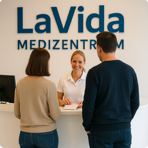 Lavida Medizentrum / Termin / Tobias Jantsch Zwei Besucher stehen mit dem Rücken zum Betrachter an der Rezeption des LaVida Medizentrums, während im Hintergrund der gut sichtbare Schrif