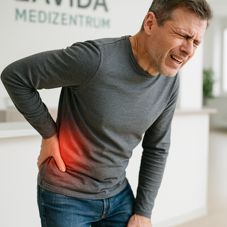 Lavida Mezidentrum Kamenz / Schmerztherapie Mann mit Rückenschmerzen fasst sich an die Seite in der Lavida Mezidentrum Kamenz Praxis.