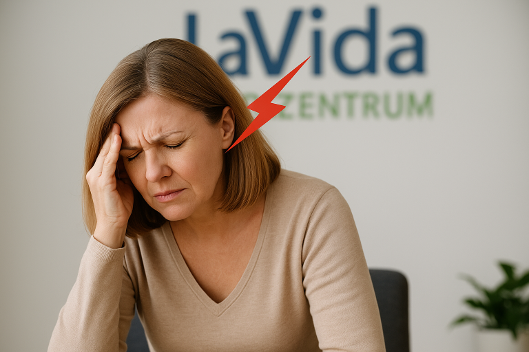 „Migräne ganzheitlich behandeln: Nackenverspannung, Stoffwechsel und Nervenbalance als Auslöser – LaVida Medizentrum Kamenz“ Frau hält sich den Kopf, sitzt in leichter Vorneigung – angedeutetes Zickzack-Blitzmuster zwischen Nacken, Kiefer und Stirn